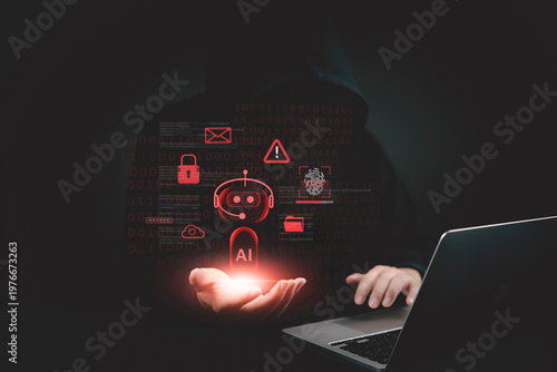 Foto Anonymous cybercriminal typing on computer with virtual interface warning signs showing identity theft and malware risks