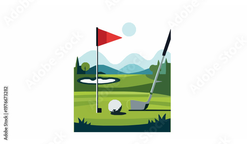 Modern golf poster vector with ball club and hole vertical layout sport landscape isolated on white