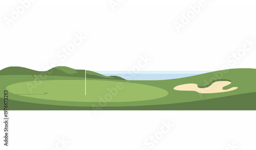 Coastal golf course poster vector with green landscape flag hole and club minimal design isolated on white
