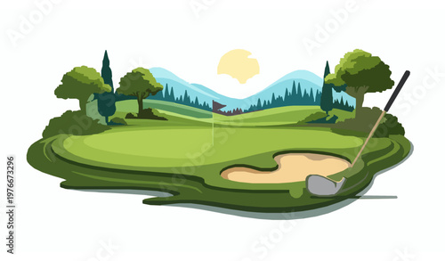 Scenic golf course poster vector retro style landscape with club ball and flag hole isolated on white