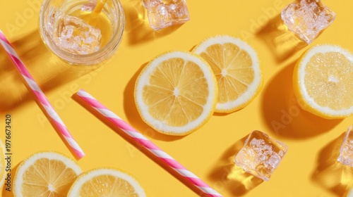 Refreshing lemon slices, ice, and straws scattered on a bright yellow surface creating a summery vibe