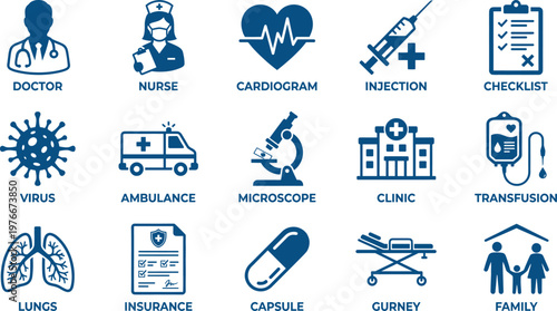 Healthcare and Medical Icon Set Featuring Doctor, Nurse, Ambulance, Injection, Virus, Microscope, Clinic, Insurance, Cardiology, and Patient Care Concepts