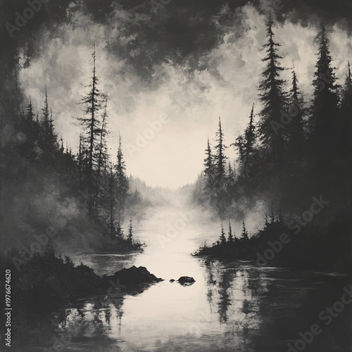 Misty river winding through a dark, moonlit pine forest