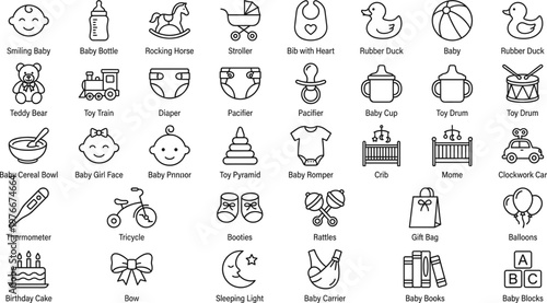 Baby Care and Nursery Icon Set Featuring Toys, Feeding Accessories, Clothing, Stroller, Crib, Pacifier, and Infant Essentials for Parenting Designs