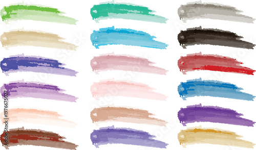 A collection of colorful paint brush strokes in various shades and textures on a clean white surface
