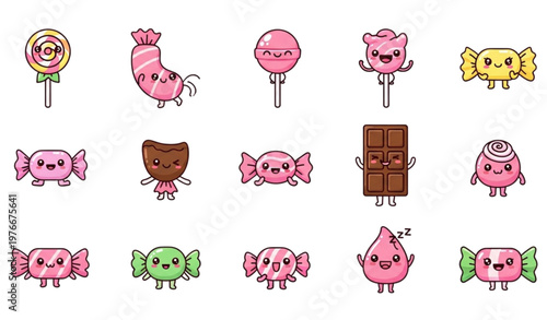 Cute Candy Characters Set with Sweet Cartoon Chocolates Lollipops and Sugar Treat Mascots Collection Isolated on White Background Vector Illustration