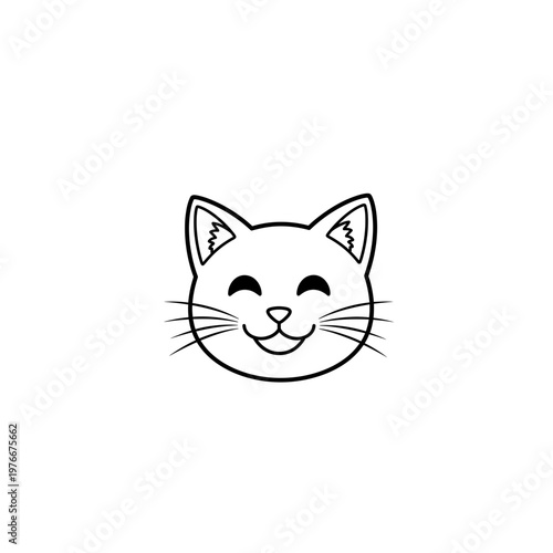 Line art drawing of a smiling happy cat head icon with whiskers, domestic