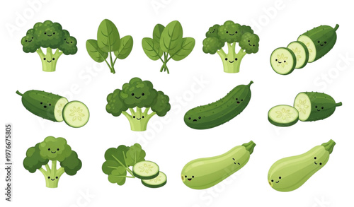 Green Vegetables Collection with Broccoli Spinach Cucumber and Zucchini Fresh Organic Food Set Isolated on White Background Vector Illustration