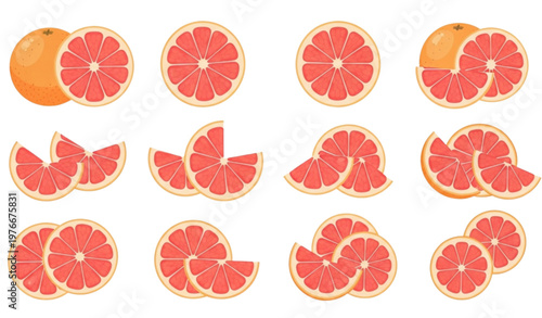 Grapefruit Slice Collection with Whole and Cut Citrus Fruits Juicy Fresh Food Elements Set Isolated on White Background Vector Illustration