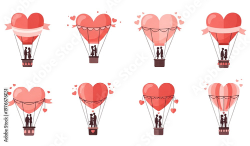 Heart Shaped Hot Air Balloon Set with Romantic Love Elements Cute Valentine Flying Balloons Collection Isolated on White Background Vector Illustration
