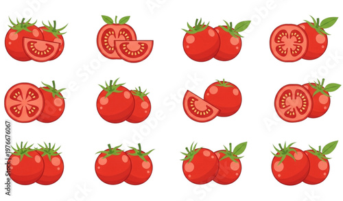 Fresh Tomato Collection with Whole and Sliced Vegetables Red Organic Food Elements Set Isolated on White Background Vector Illustration