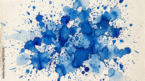 Blue Watercolor Splatter Background in Artistic Style. A collection of splatter graphics, including blue, indigo, cobalt, azure, ink, stain, blot, texture, drop, drip, grain