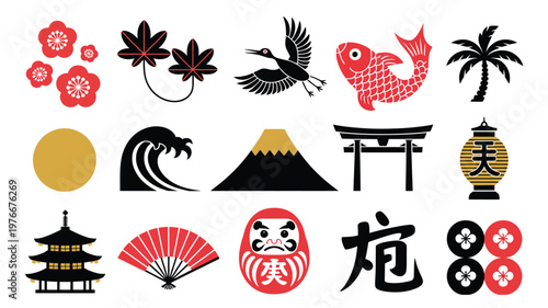 Collection of traditional Japanese cultural icons, flat vector designs featuring iconic elements like fans, torii gates, and lanterns, perfect for posters, websites, apps