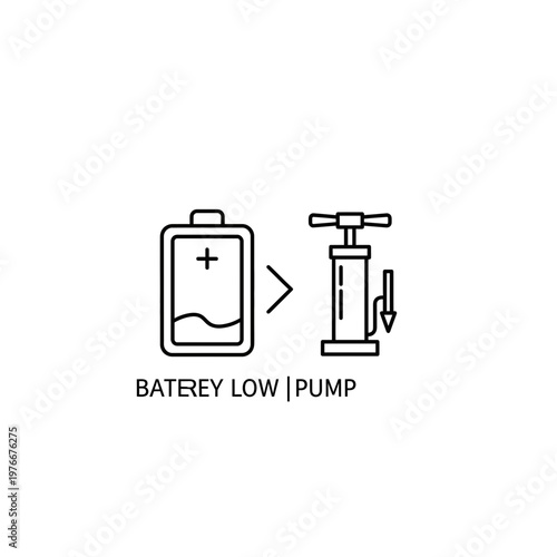 Low battery level and manual air pump icon set with maintenance, equipment