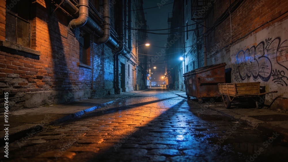 Fototapeta premium A moody, rain-soaked urban alley at twilight, reflecting vibrant streetlights on its wet cobblestones, creating a gritty and mysterious city scene