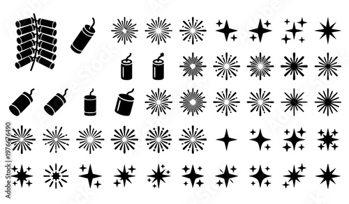 Bild auf Leinwand Firework icon set with firecracker, petard, and stars black silhouette vector il
