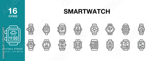 Smartwatch icon set. Includes smartwatch, watch, wearable, fitness, tracker and More. Editable Stroke Icon Collection.