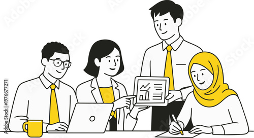 Creative team workflow content creation marketing and collaboration flat vector illustration.