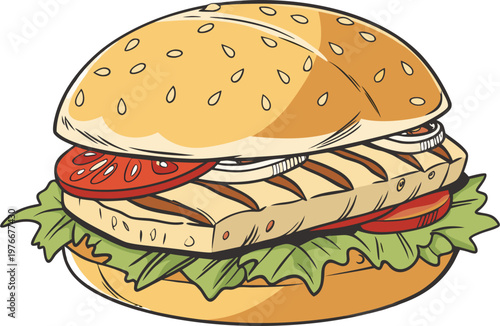 Fast food chicken burger with juicy grilled patty, lettuce and tomato isolated.