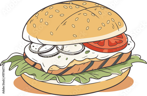 Juicy chicken burger with fresh vegetables, isolated fast food menu item.