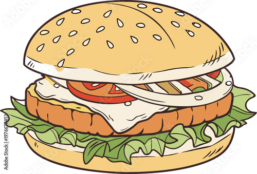 Tasty grilled chicken burger with lettuce and tomato, isolated food illustration for restaurant menu.
