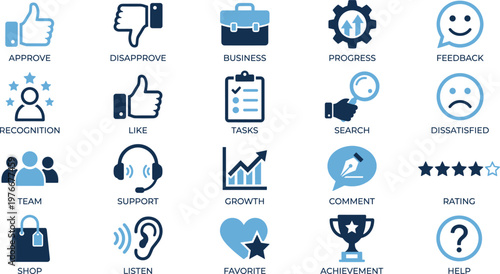 Customer Feedback and Business Interaction Icon Set Featuring Rating, Review, Support, Like, Dislike, Growth, Tasks, Achievement, and User Experience Concepts