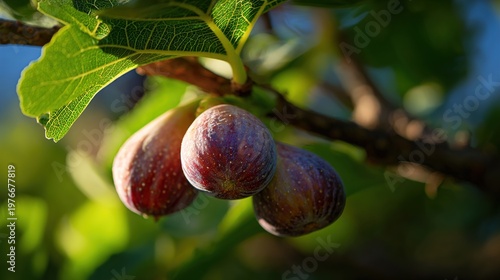 Ripe purple figs on branch, fresh organic fruit, mediterranean fig tree