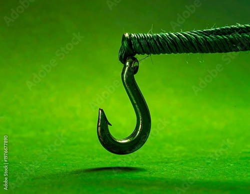Close-up of a fishing hook hanging with green twine and backdrop