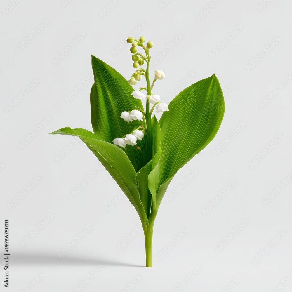 Fototapeta premium Lily of the valley flower stem with green leaves on white backdrop