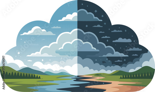 Day and night landscape duality inside a cloud shape vector illustration