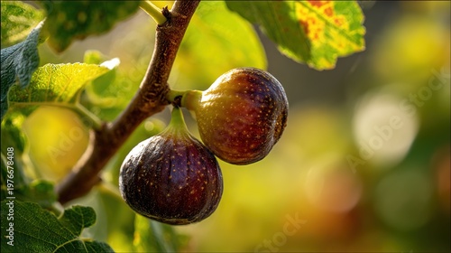 Ripe purple figs on branch, fresh organic fruit, sunny garden orchard