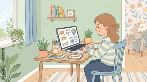 Woman working from home on laptop.