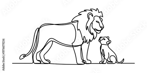 A continuous line drawing depicting a majestic adult lion standing beside a small cute lion cub Vector, illustration