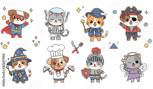 Cute Kids in Different Professions Collection Cartoon Children Characters with Costumes Set Isolated on White Background Vector Illustration