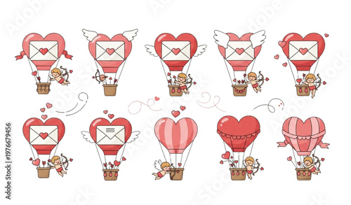 Heart Shaped Hot Air Balloon Collection with Romantic Love Elements Cute Valentine Flying Balloons Set Isolated on White Background Vector Illustration