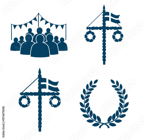 Blue icons of people festival and laurel wreath on white background