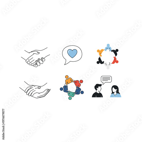 Corporate teamwork and communication concept icons set with teamwork, business