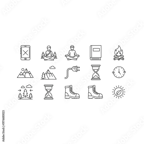 Set of outline icons featuring nature and lifestyle concepts, meditation