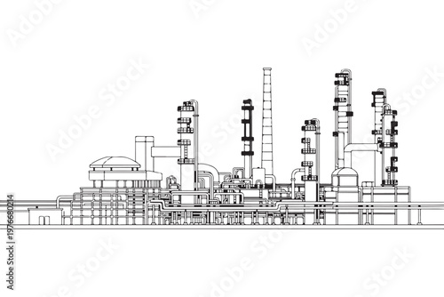 Industrial oil refinery and chemical plant line art illustration.