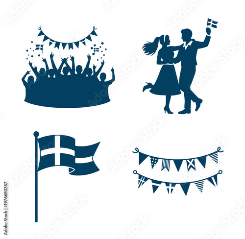 Blue silhouettes of people celebrating and dancing with flags and bunting on white background