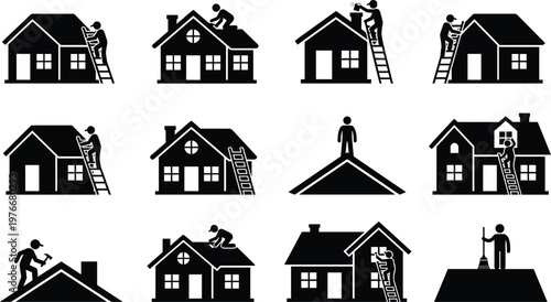 House Roof Repair Construction Silhouette Vector Collection, Professional Roofer Working on Home Maintenance with Ladder and Tools for Residential Renovation Projects
