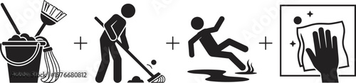 Flat vector illustration of black stick figure cleaning safety sequence icons, mop bucket, mopping, slipping on wet floor, clean wipe
