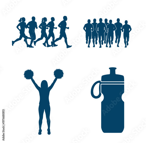 Blue silhouettes of people running and a cheerleader with a water bottle