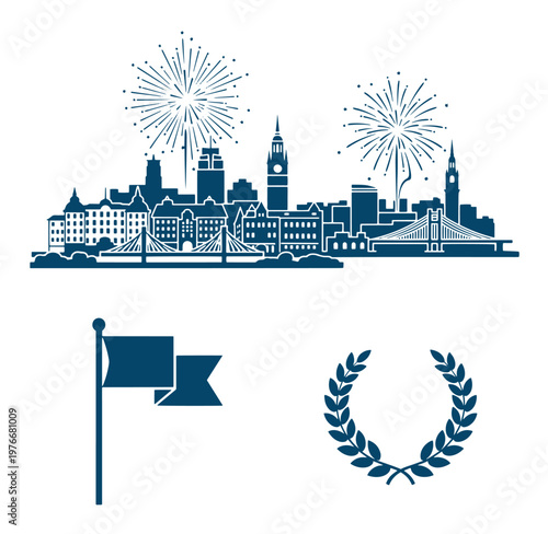 city skyline with fireworks and flag and laurel wreath on white background