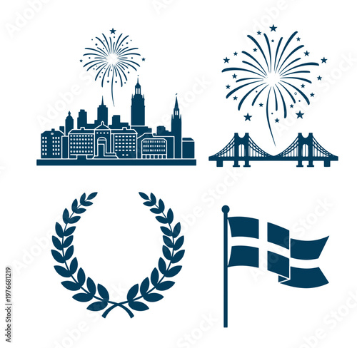 City skyline with fireworks and laurel wreath on white background
