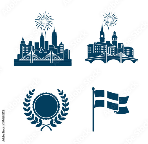 City skylines with fireworks and symbolic icons on white background  cityscape and award elements