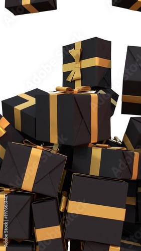 3D animation of black gift boxes falling on white background, Big Sale or Special Limited Offer concept