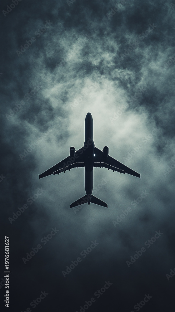 Naklejka premium Passenger airplane silhouette soaring in a dark storm cloud