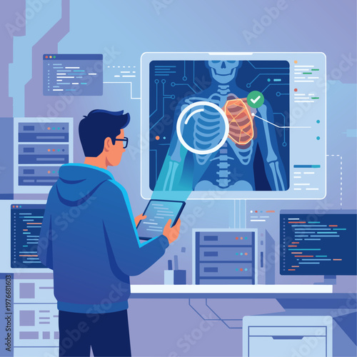 A flat vector graphic of a Computer Vision Engineer interacting with a large digital X-ray or MRI-style scan of a human torso. The engineer is using a magnifying glass tool that highlights a specific 