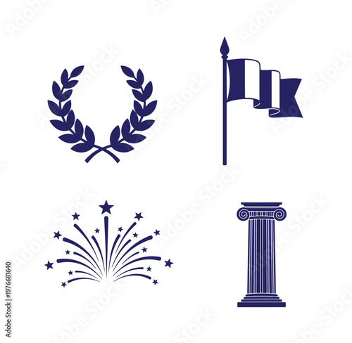 collection of laurel wreath flag fireworks and column icons